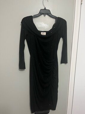 Sparkle Cowl Neck Long Sleeve Black Midi Dress